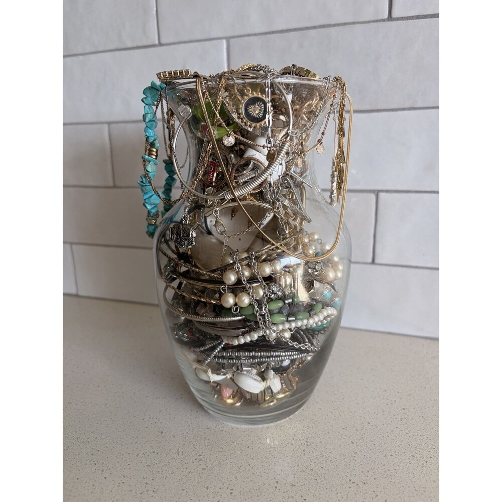LARGE Vtg Mystery Jewelry Jar Mixed Metal Gold & Silver Tone